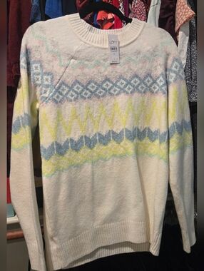 LOFT Women's Patterned Sweater - Cream, Light Blue, Light Yellow